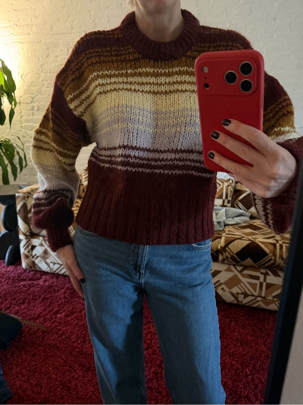 Zara Striped Crewneck Sweater in Burgundy and Neutrals